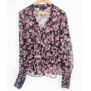 Elizabeth and James 100% Silk Sheer Floral Fringe Tie Neck Blouse Size M